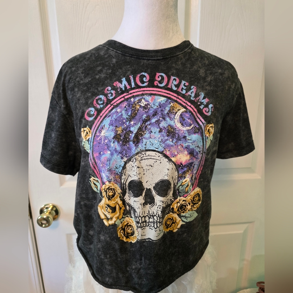 Cosmic Dreams Acid Wash Skull Graphic Crop Tee